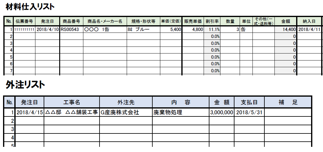 材料・外注・労務外注・リースリスト